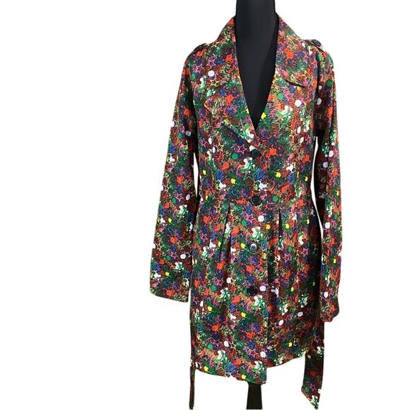 Joe Browns colorful graffiti stars Notched Collar Cocktail Trench Coat size 10 - Picture 2 of 16